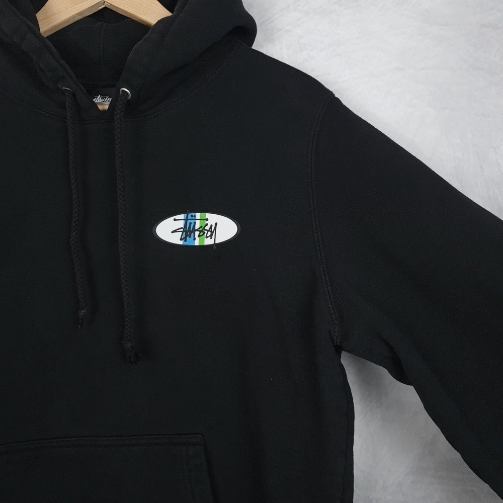 Stussy Hoodie Mens Large Black Oval Logo Fleece Pullover Graphic Back Hit - Picture 6 of 16